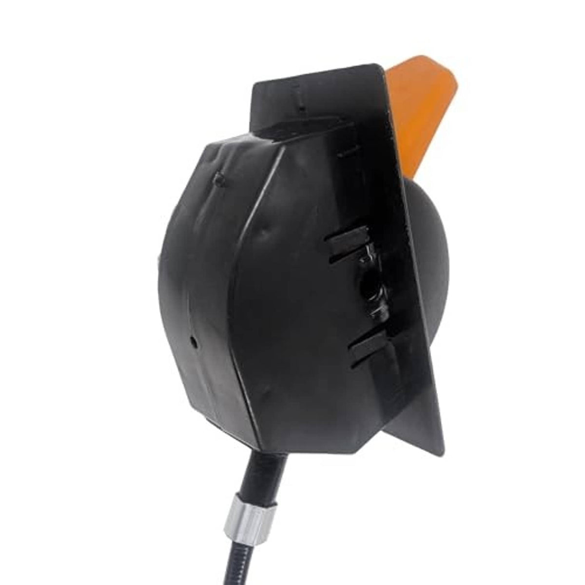Throttle control cable rear view with black housing, orange lever, and attached cable