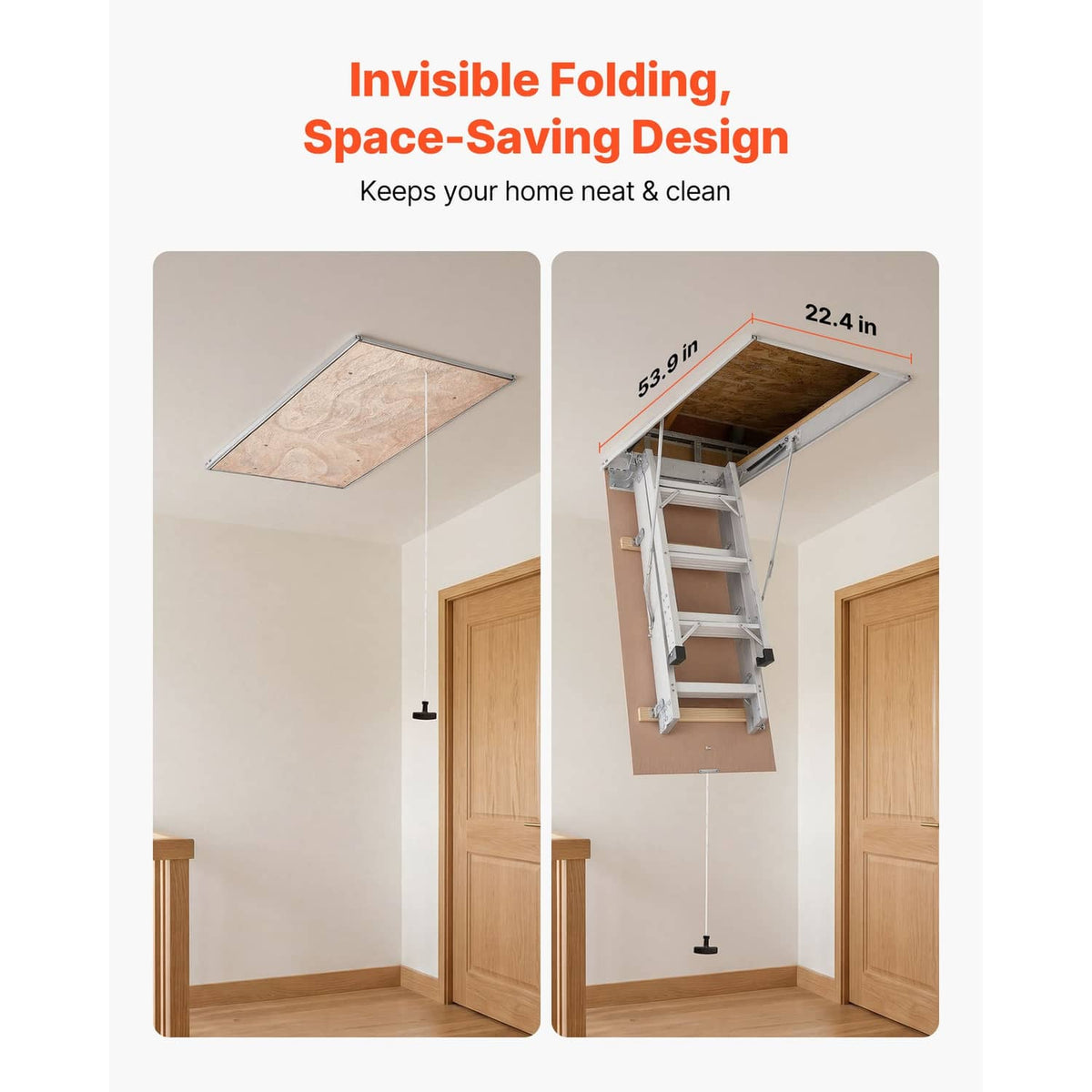 Aluminum folding attic ladder with hinged hatch cover, open and closed views