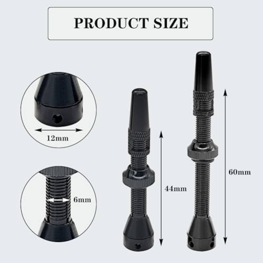 Black tubeless valve stem sizing diagram with stem length and height markings