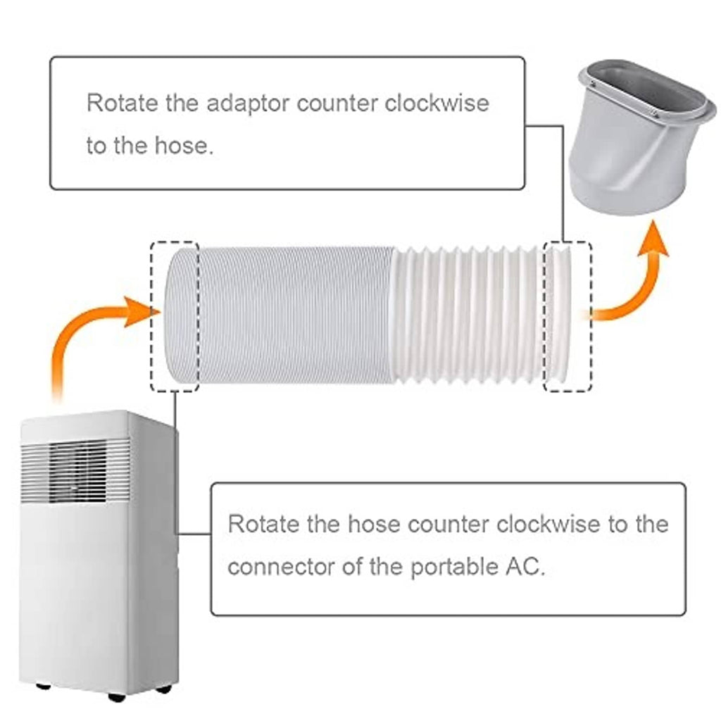 Portable AC exhaust hose adapter connection diagram with ribbed flexible duct