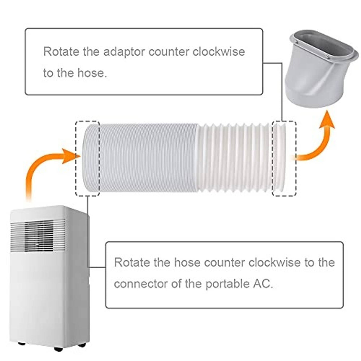 Portable AC exhaust hose adapter connection diagram with ribbed flexible duct
