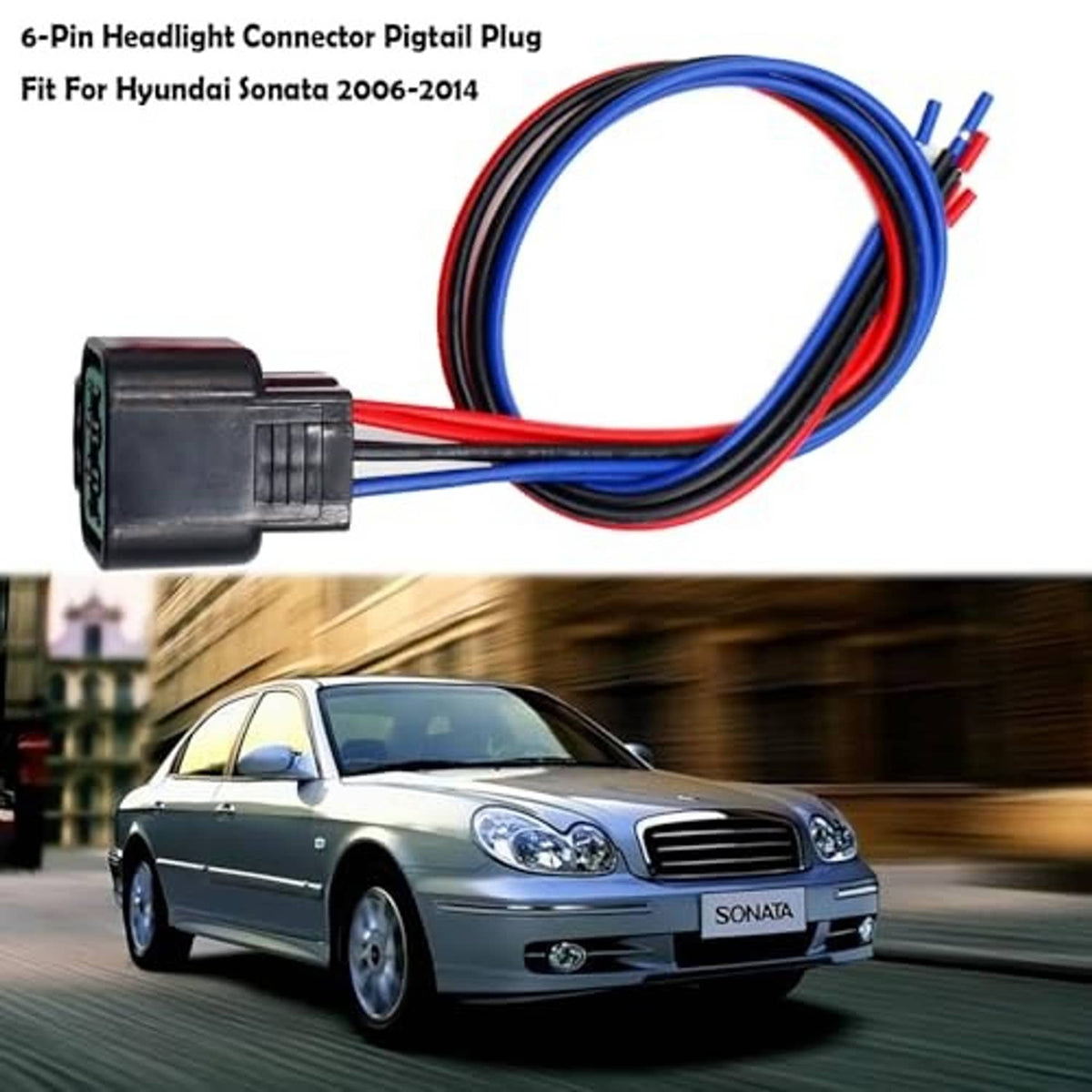 6-pin headlight pigtail plug harness with red, blue, and black wire leads