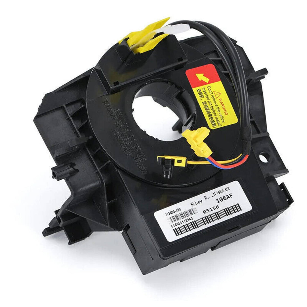 Clock spring contact assembly with label and multi-wire connectors, black plastic
