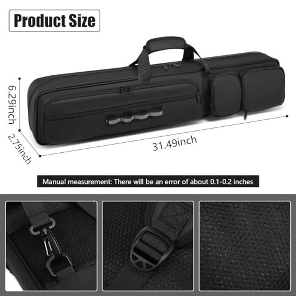 Black long pool cue case with top handle and padded compartments for cues