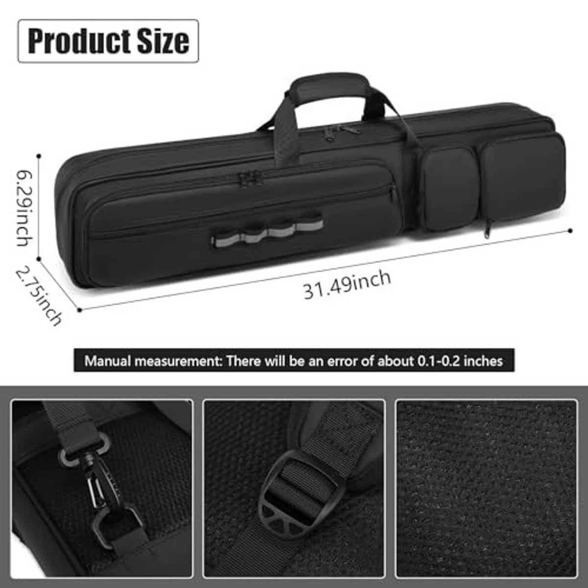 Black long pool cue case with top handle and padded compartments for cues