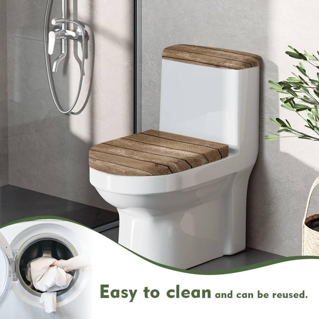 Toilet cover set with brown wood-look tank lid and seat panels on white toilet