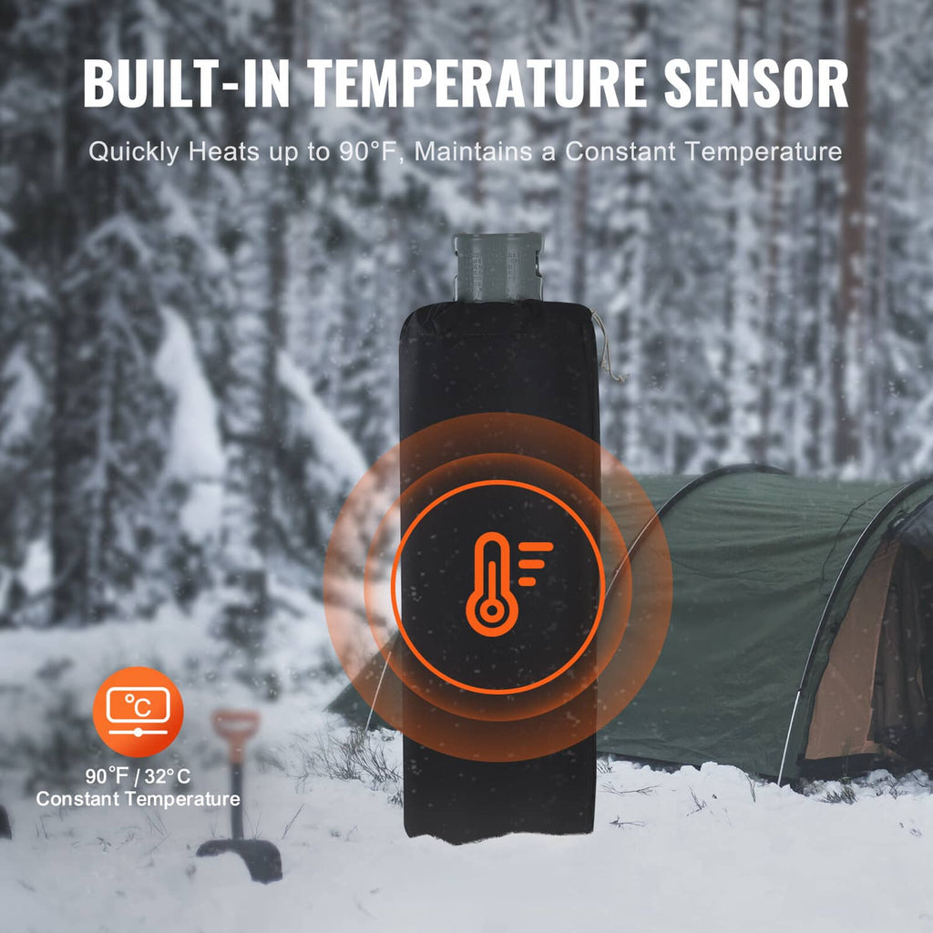 Black gas cylinder warmer with built-in temperature sensor on the insulated cover.