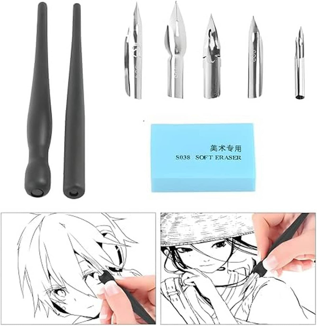 Two black dip pen holders, multiple metal nib tips, and blue eraser block