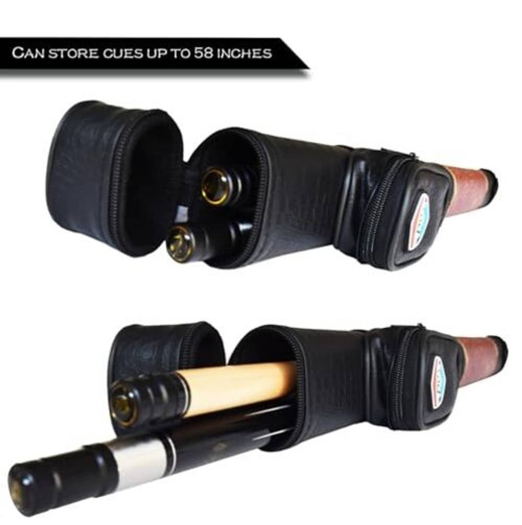Pool cue case holding two cues with black end caps and padded pockets