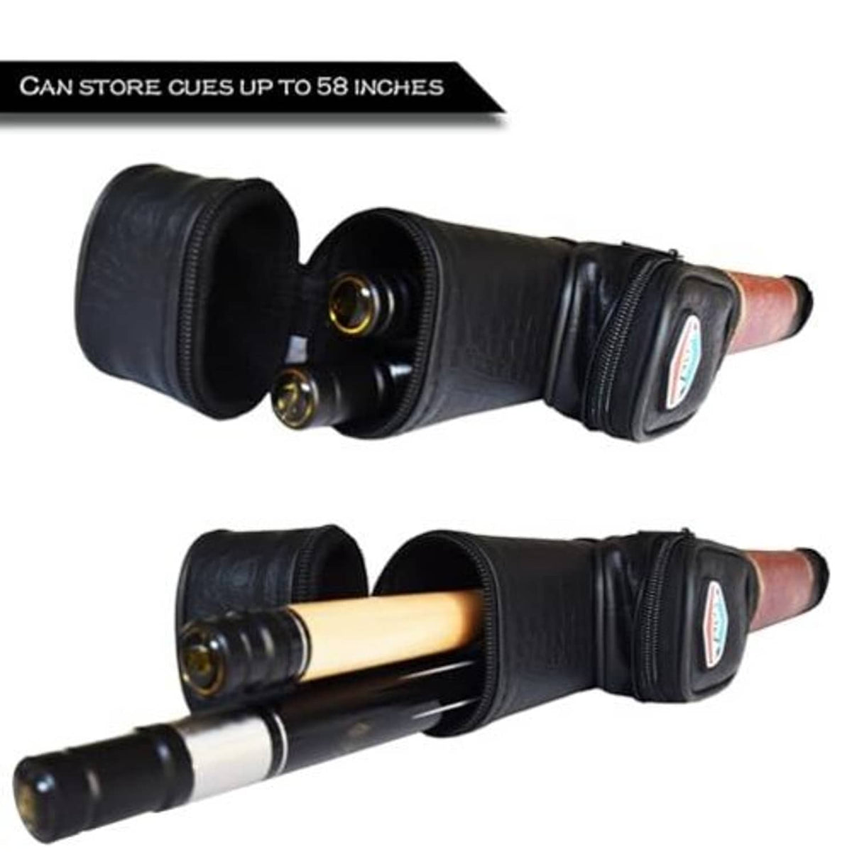 Pool cue case holding two cues with black end caps and padded pockets
