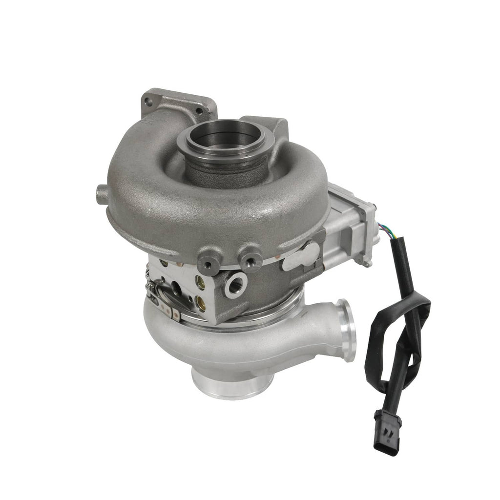 Turbocharger with round oil-feed opening and solenoid valve, wire connector attached
