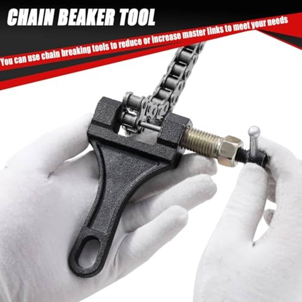 Black chain breaker tool with threaded screw for removing roller chain master links