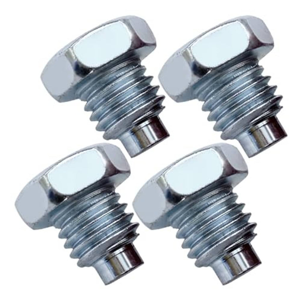 Four silver steel floor jack handle bolts with hex heads and coarse threaded shafts