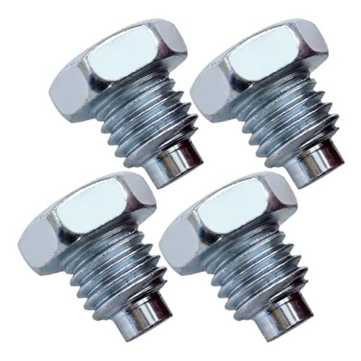 Four silver steel floor jack handle bolts with hex heads and coarse threaded shafts