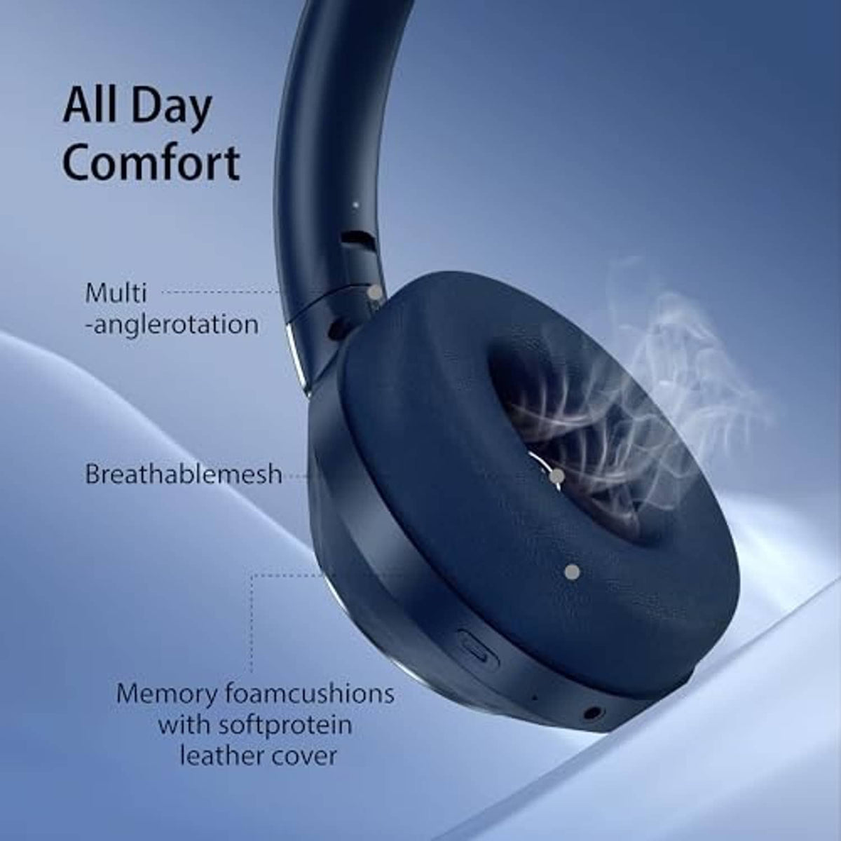 Blue over-ear headphones with cushioned ear pads and curved headband