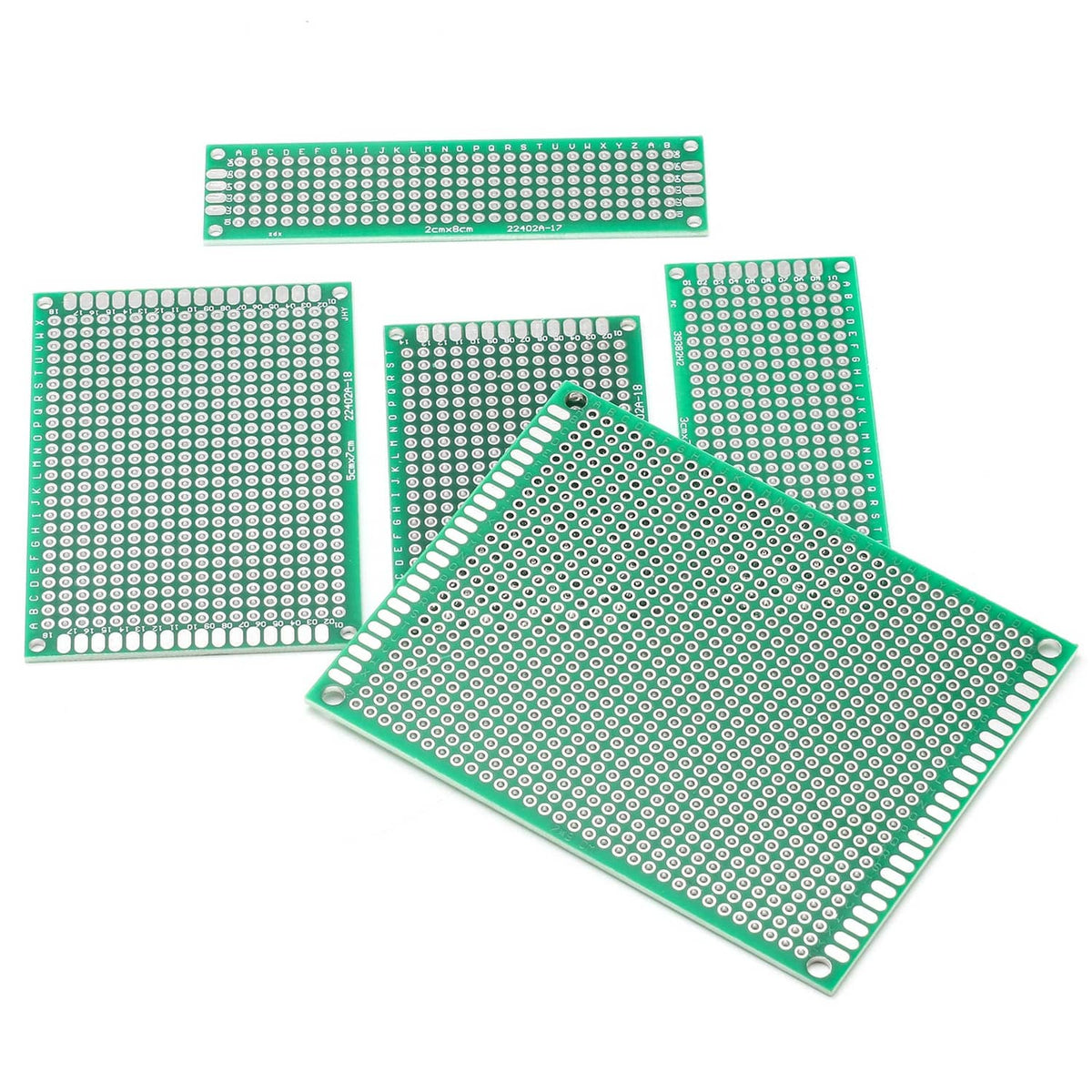 Assorted green double-sided PCB boards, including a larger angled board