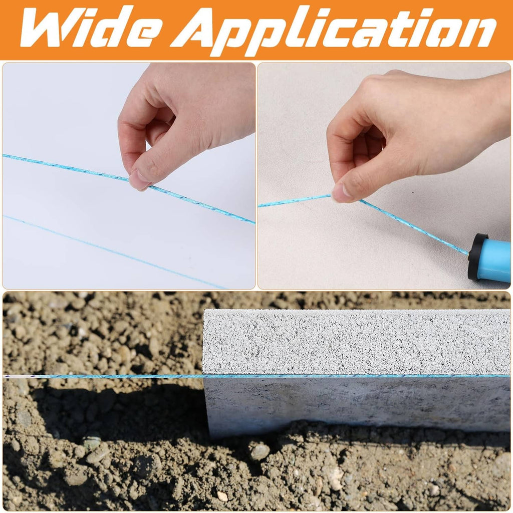 Blue chalk line reel tool drawing a straight chalk guideline along stone block