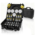 Hydraulic pressure test kit set with five gauges, hoses, and fittings in black case