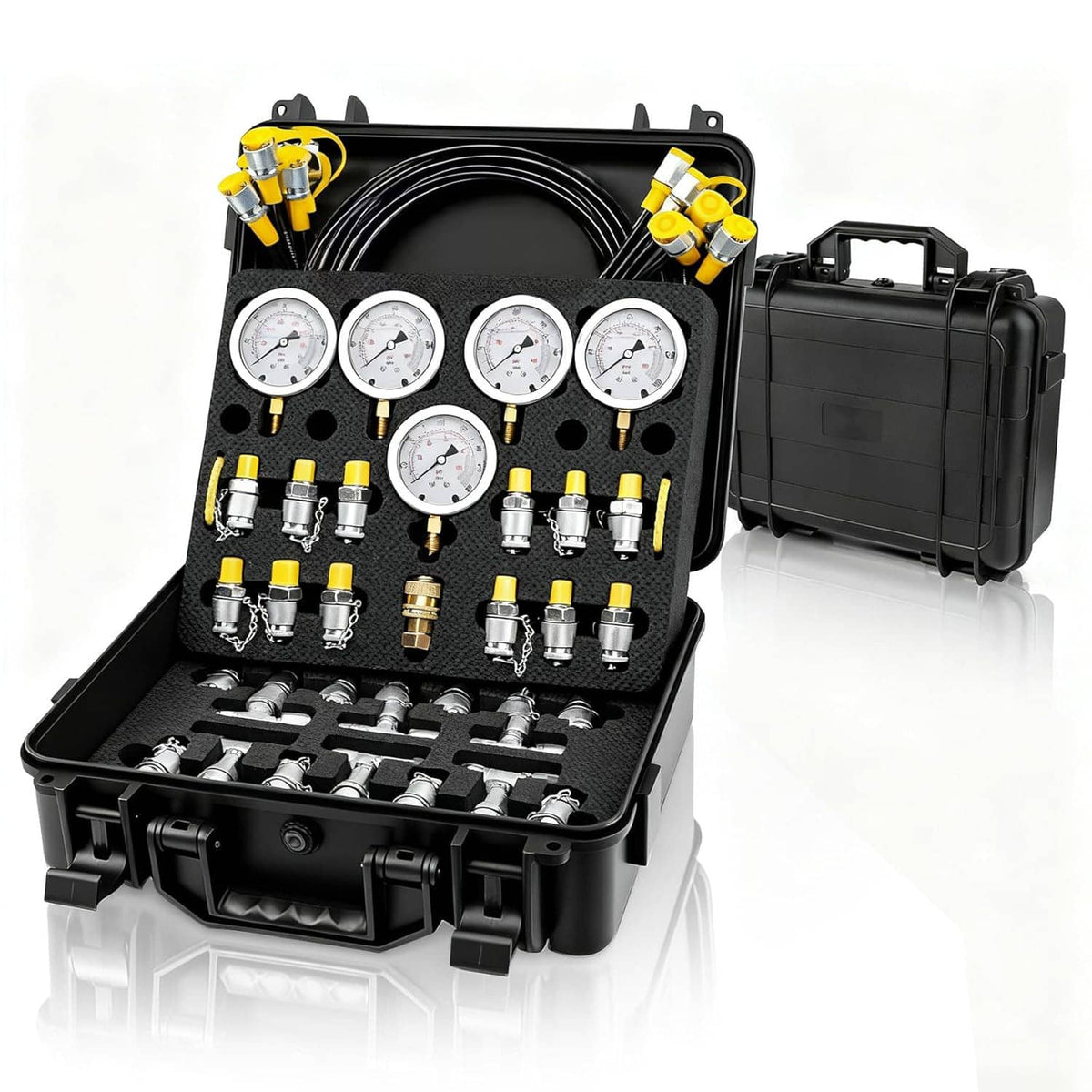 Hydraulic pressure test kit set with five gauges, hoses, and fittings in black case