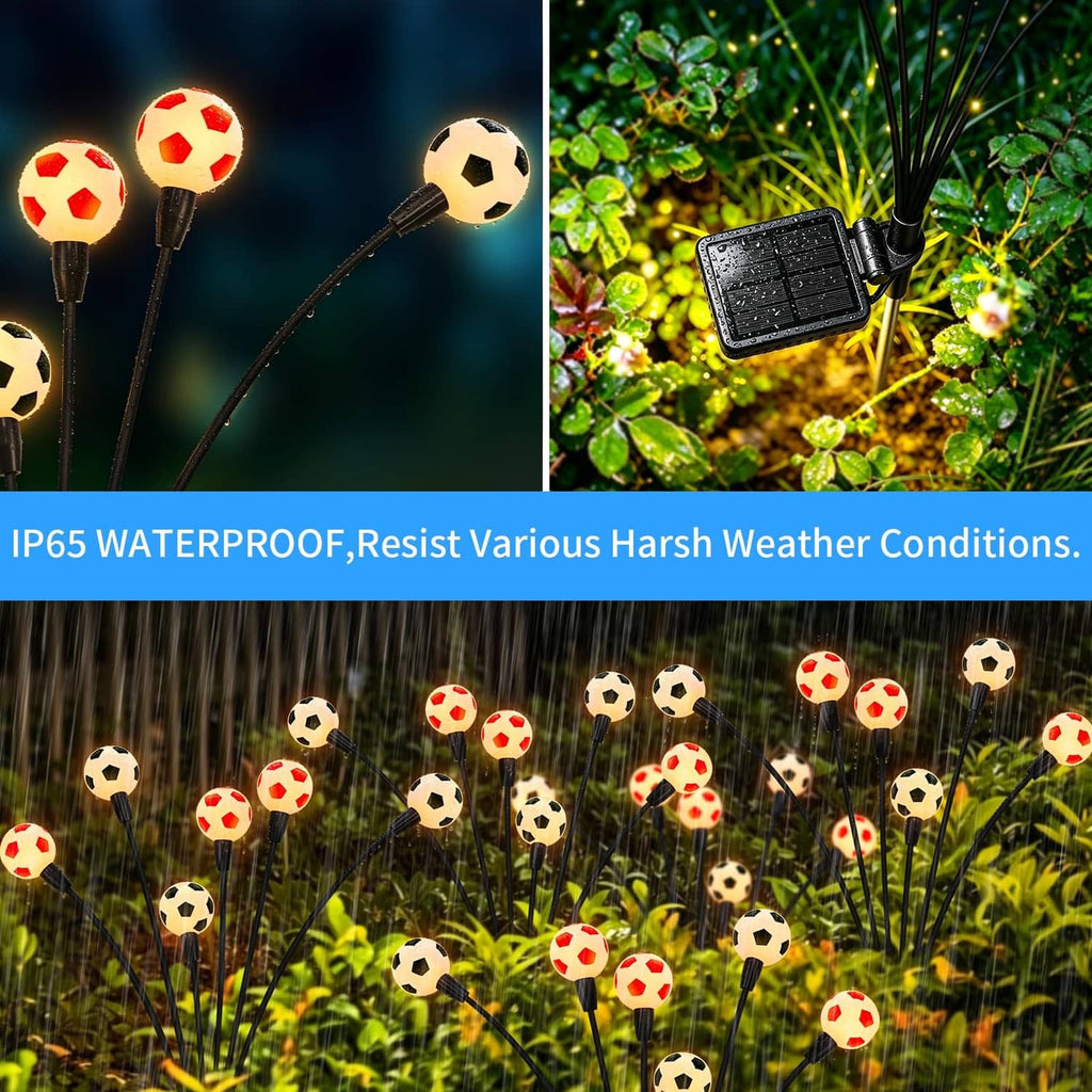 Solar soccer lights with black stakes, soccer-ball bulbs, and solar panel charge unit