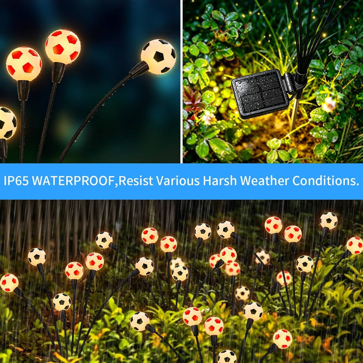 Solar soccer lights with black stakes, soccer-ball bulbs, and solar panel charge unit