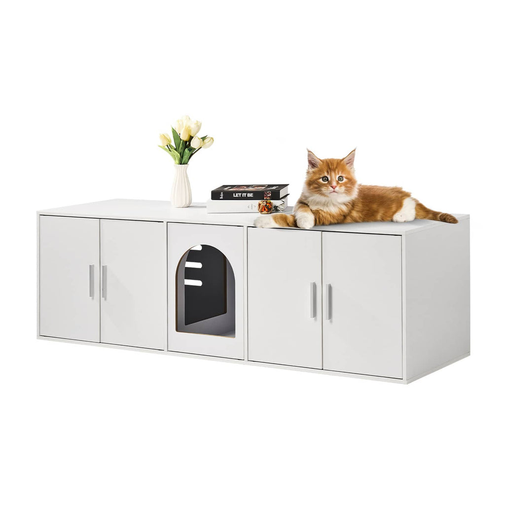 White wooden cat litter box enclosure cabinet with dark arched door, side storage panels