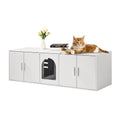 White wooden cat litter box enclosure cabinet with dark arched door, side storage panels