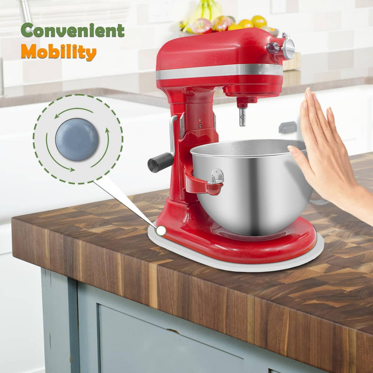White bamboo mixer slider panel on a red stand mixer for convenient mobility