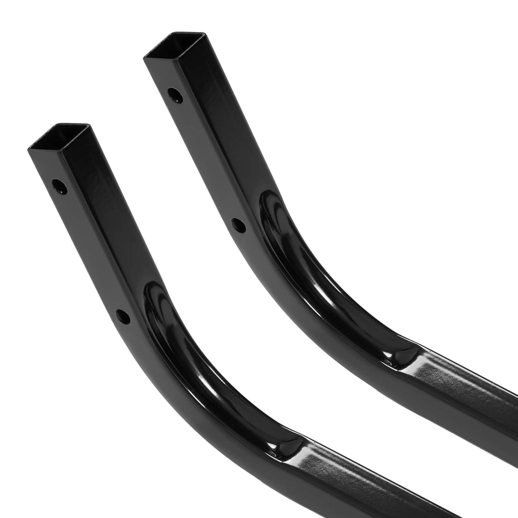 Black steel roof support struts, glossy curved sections with square-tube end caps