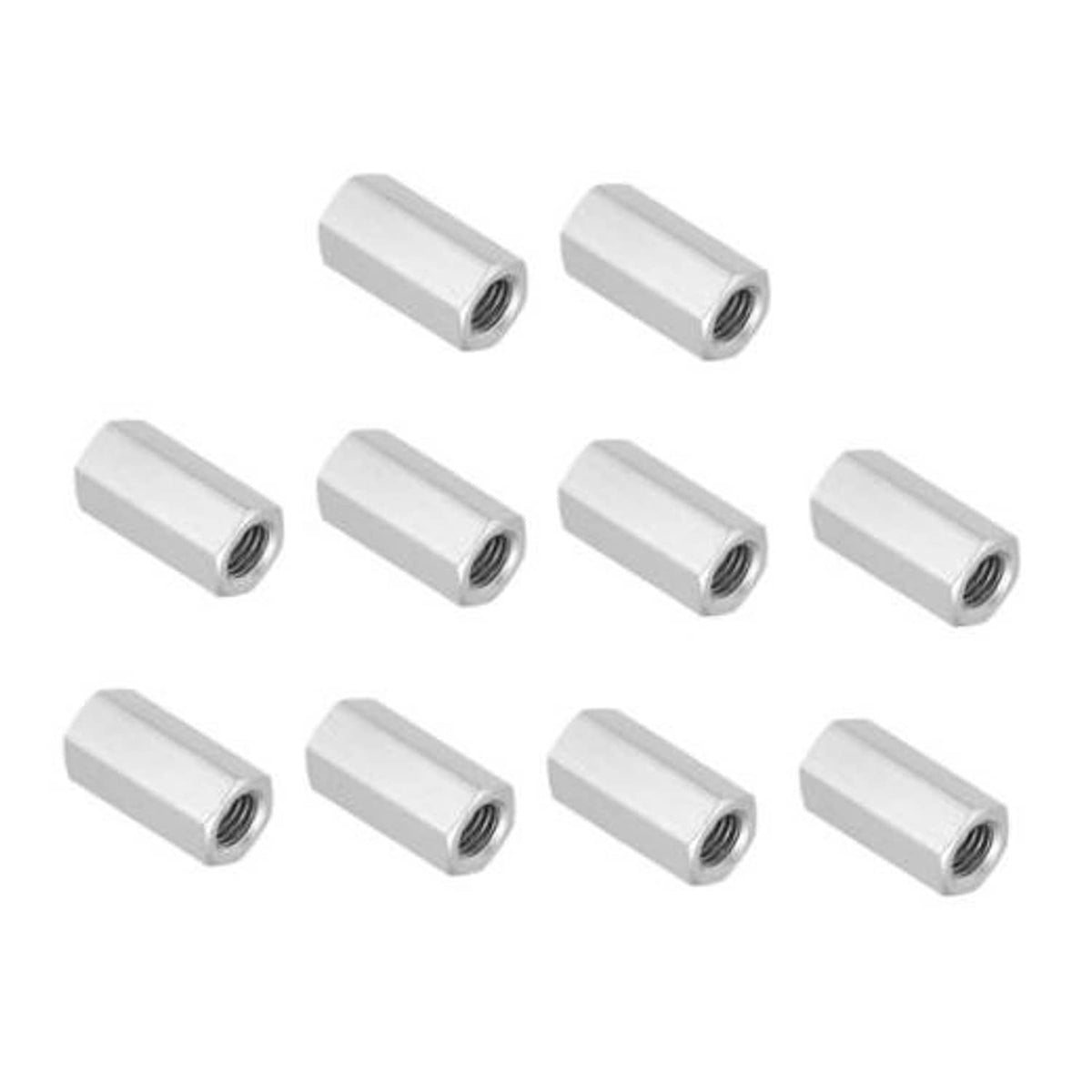 Set of 10 stainless steel hex coupling nuts with threaded bores