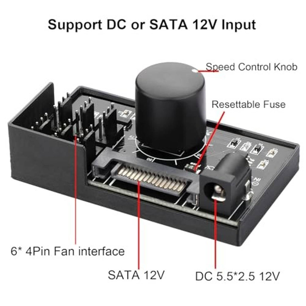 PWM fan controller hub with speed control knob, resettable fuse, and 6x 4-pin interfaces