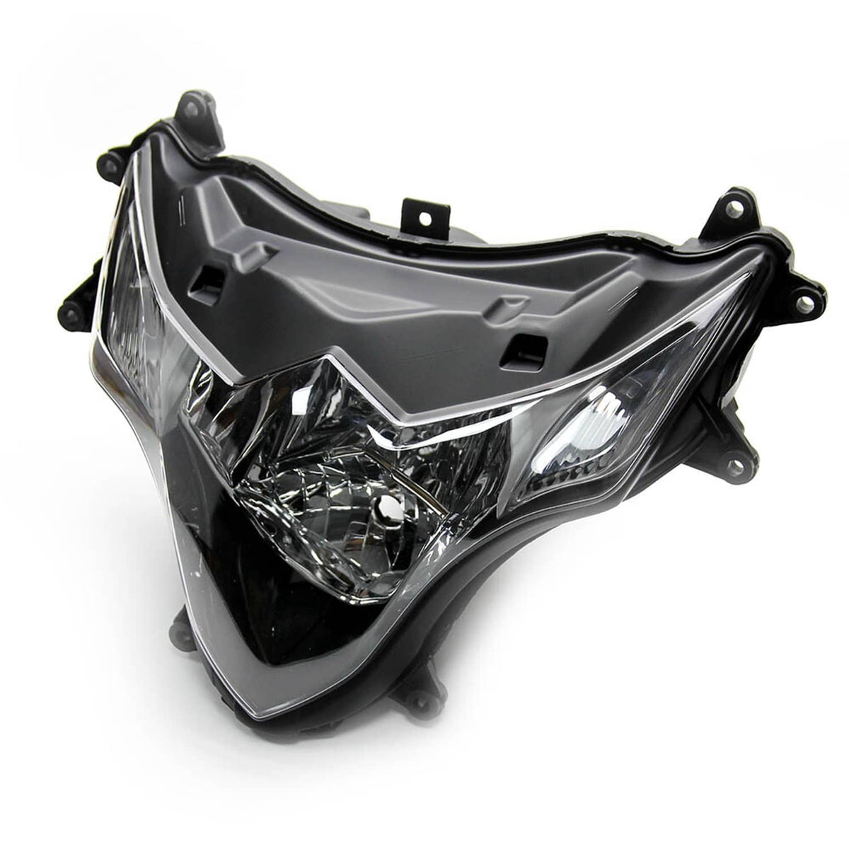 Front headlight housing assembly, black with clear lens and chrome reflector, left view