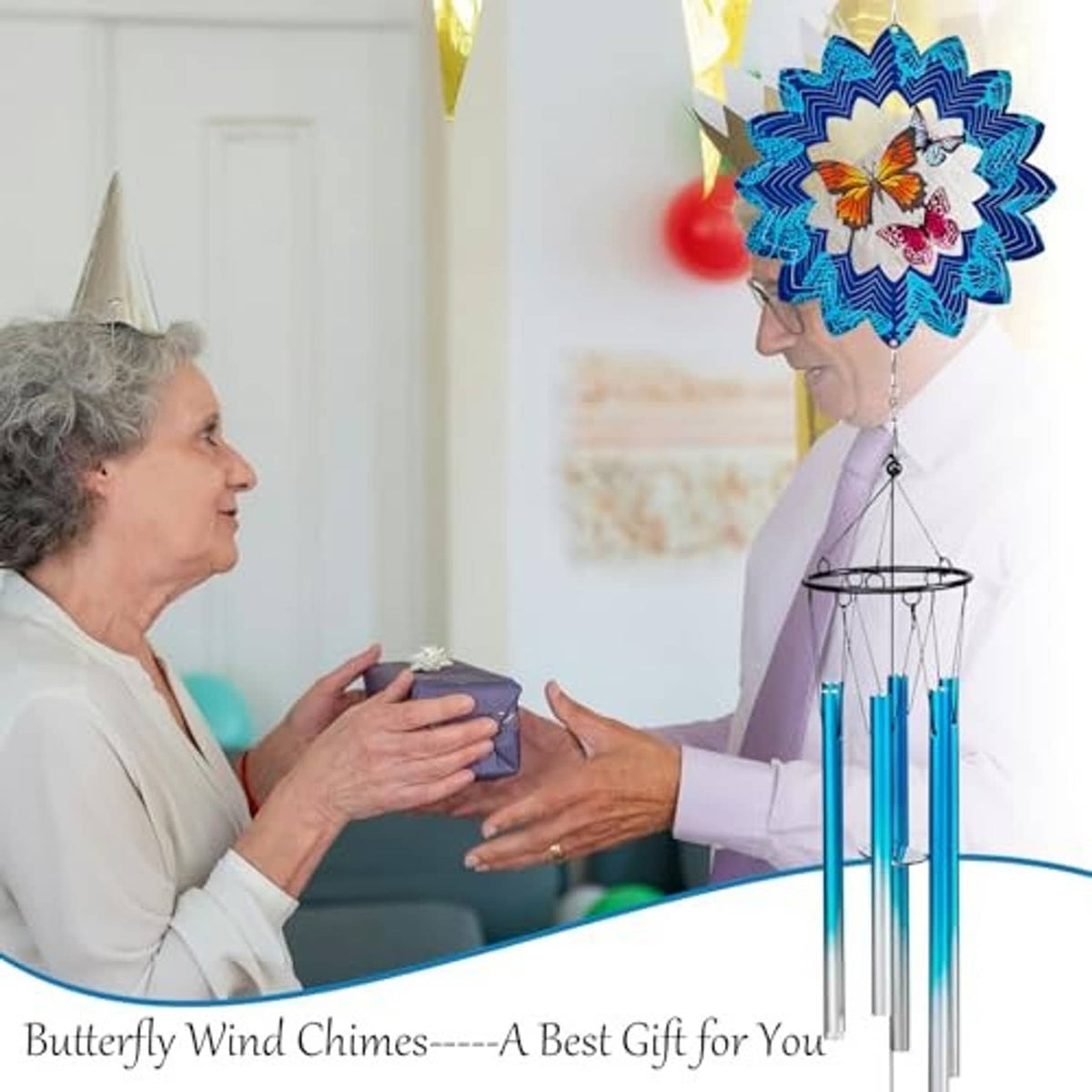 Blue wind chime with 3D blue flower topper, butterfly detail, and hanging aluminum tubes