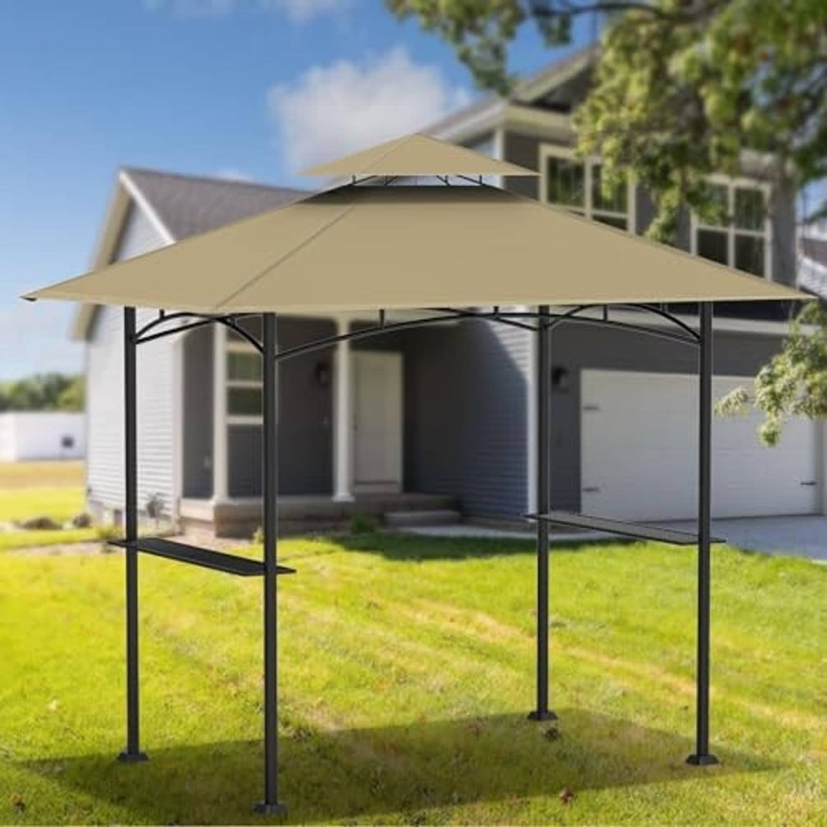 Khaki canopy top for outdoor grill gazebo with black metal legs