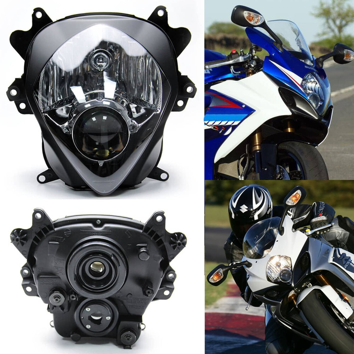 Headlight assembly front and rear views with clear lens and black mounting housing