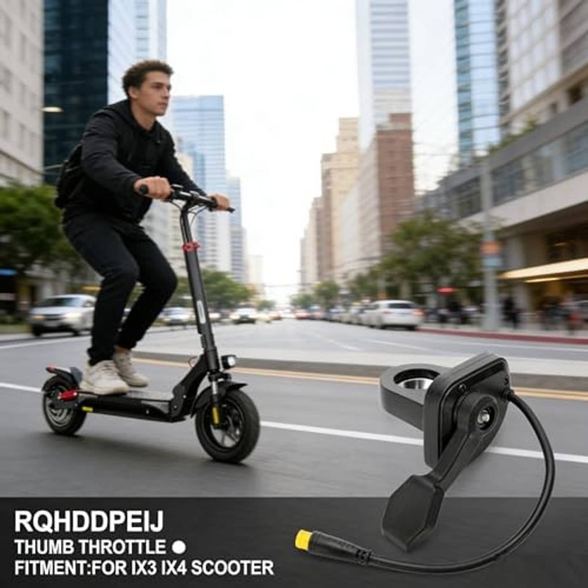Scooter handlebar thumb throttle with mounted control module and wiring.