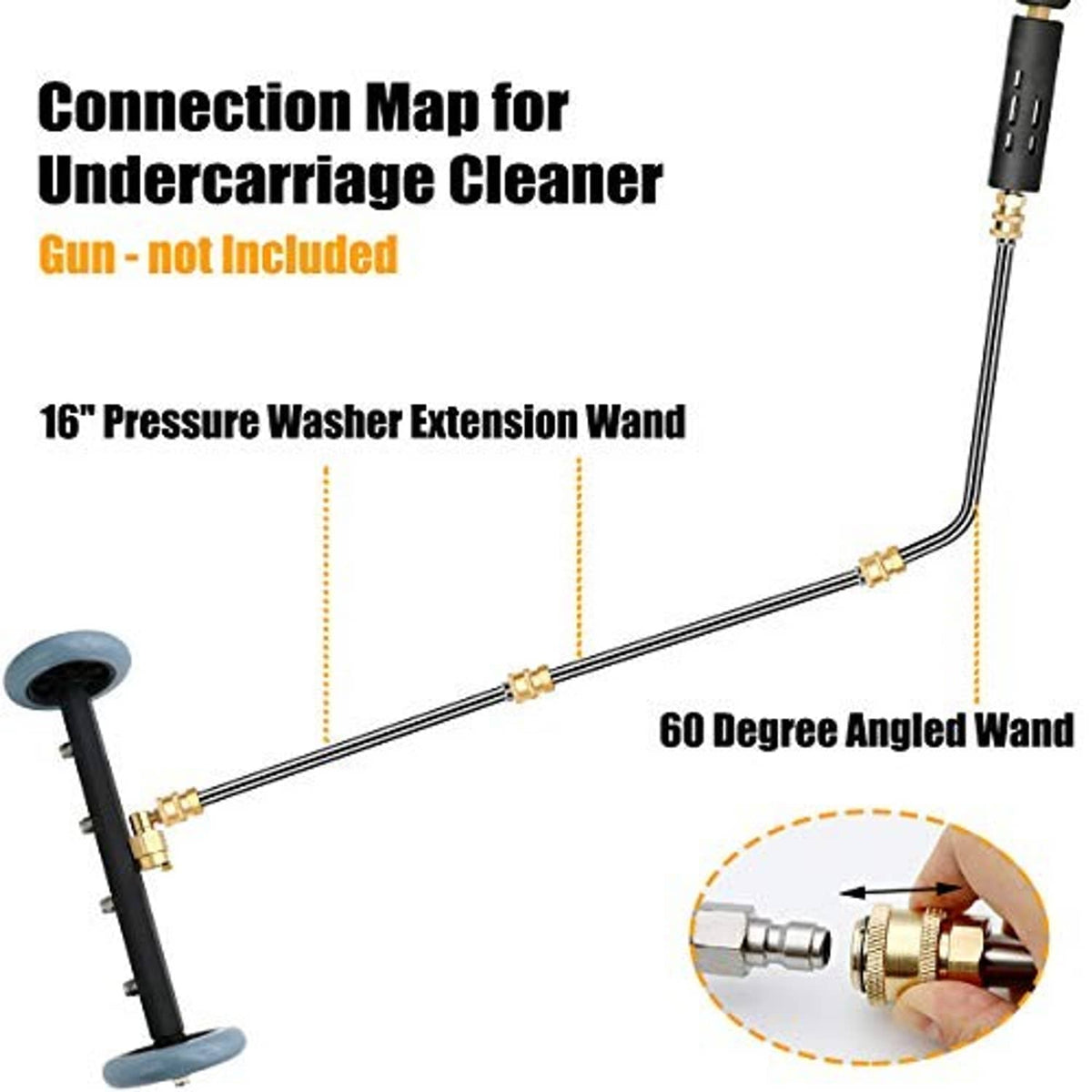 Pressure washer undercarriage cleaner connection setup with angled extension wand