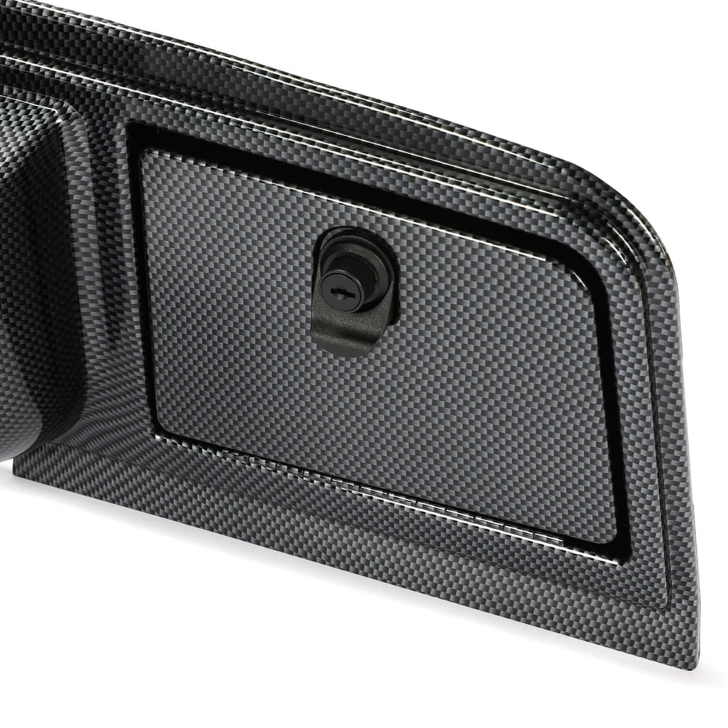 Carbon fiber dash cover close-up of rectangular access panel with recessed screw