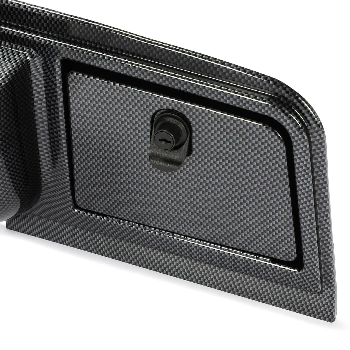 Carbon fiber dash cover close-up of rectangular access panel with recessed screw