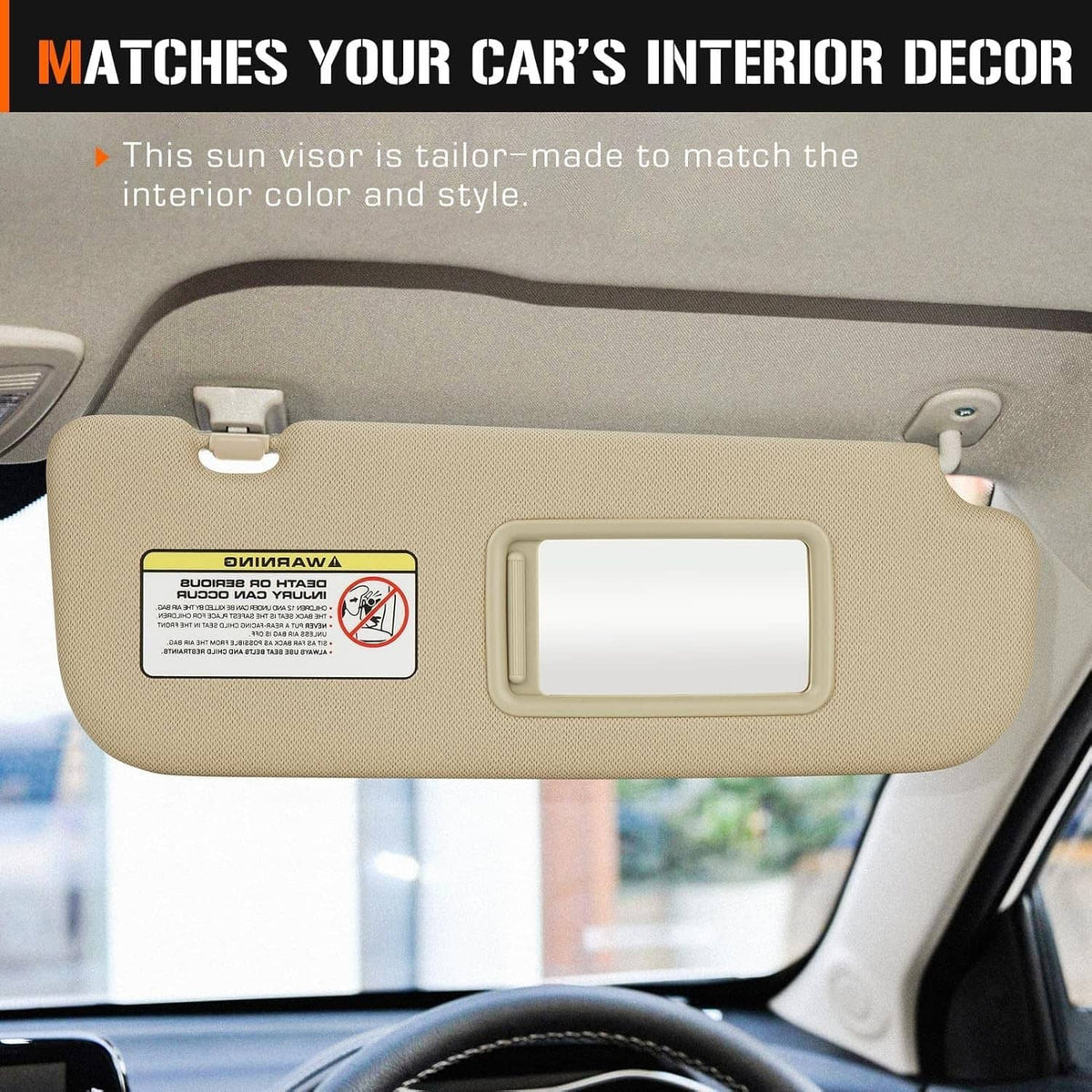 Beige car sun visor with rectangular mirror window, mounted on car headliner