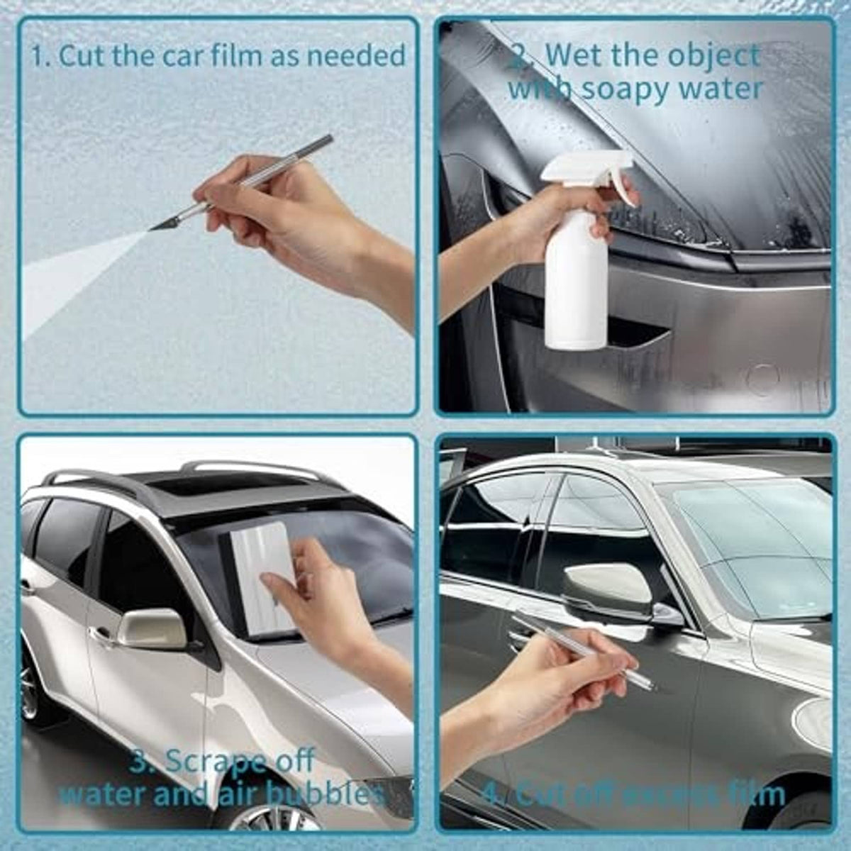Car window tint application steps with knife, scraper, spray bottle, and wet soapy film