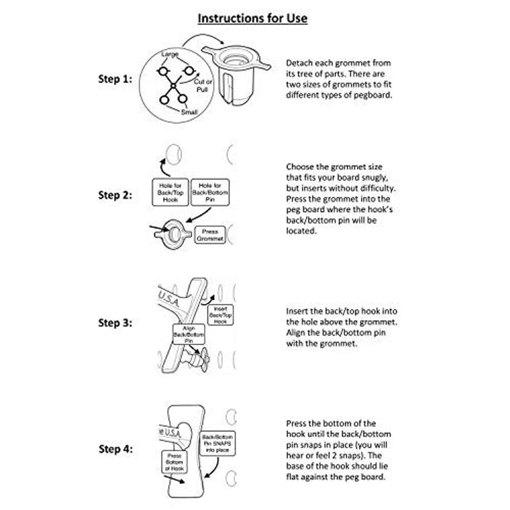 Pegboard hook installation diagram with grommet and locking steps