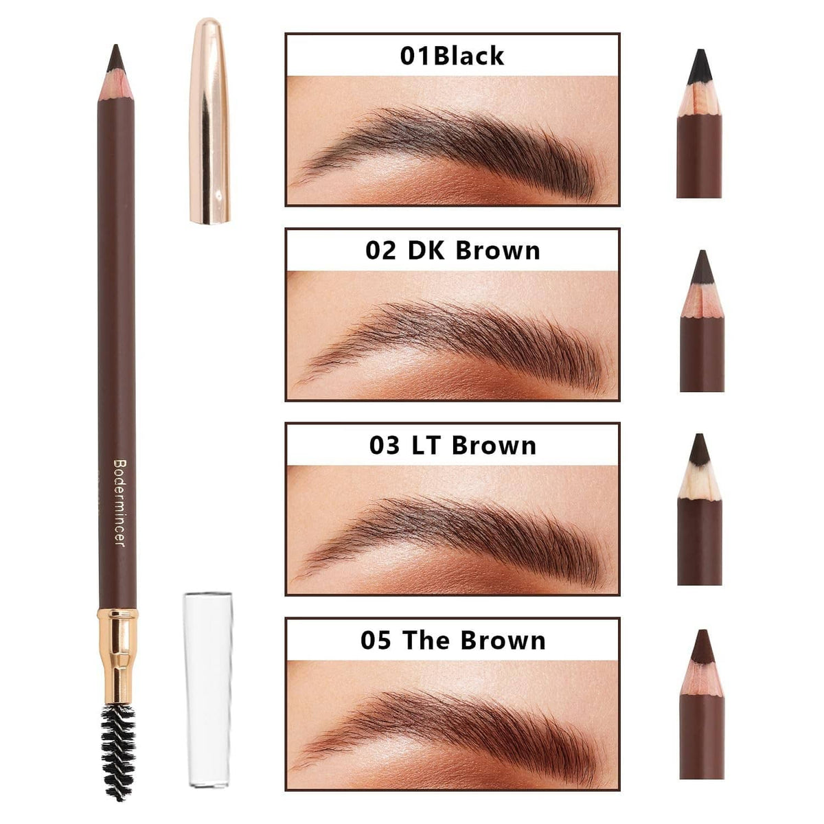 Eyebrow pencil set showing multiple shades with spoolie brush and swatch eyebrow looks