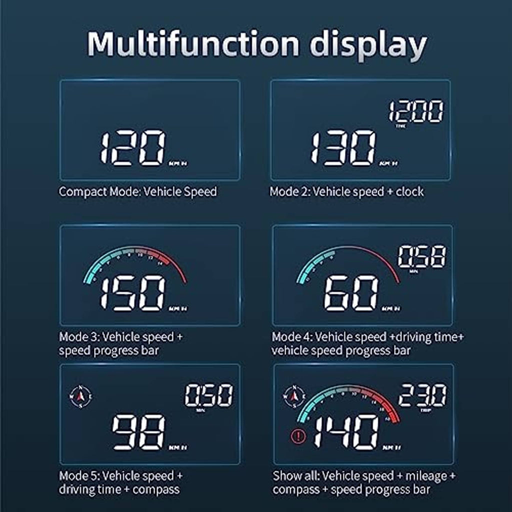 HUD multifunction display panel with selectable speed, clock, and driving-time modes
