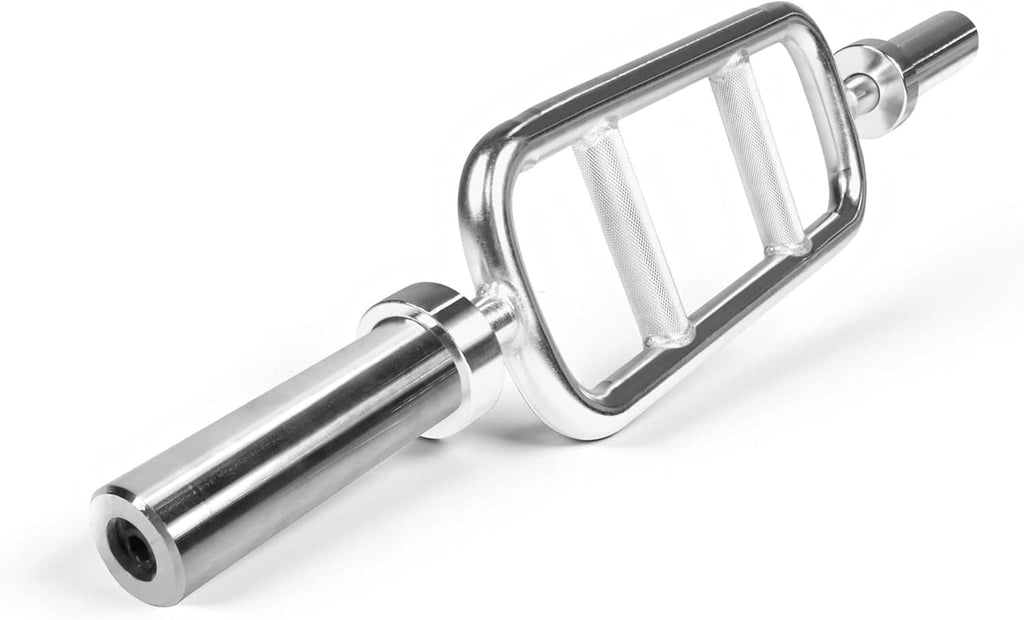 Chrome Olympic triceps bar with rectangular handle and knurled center grip