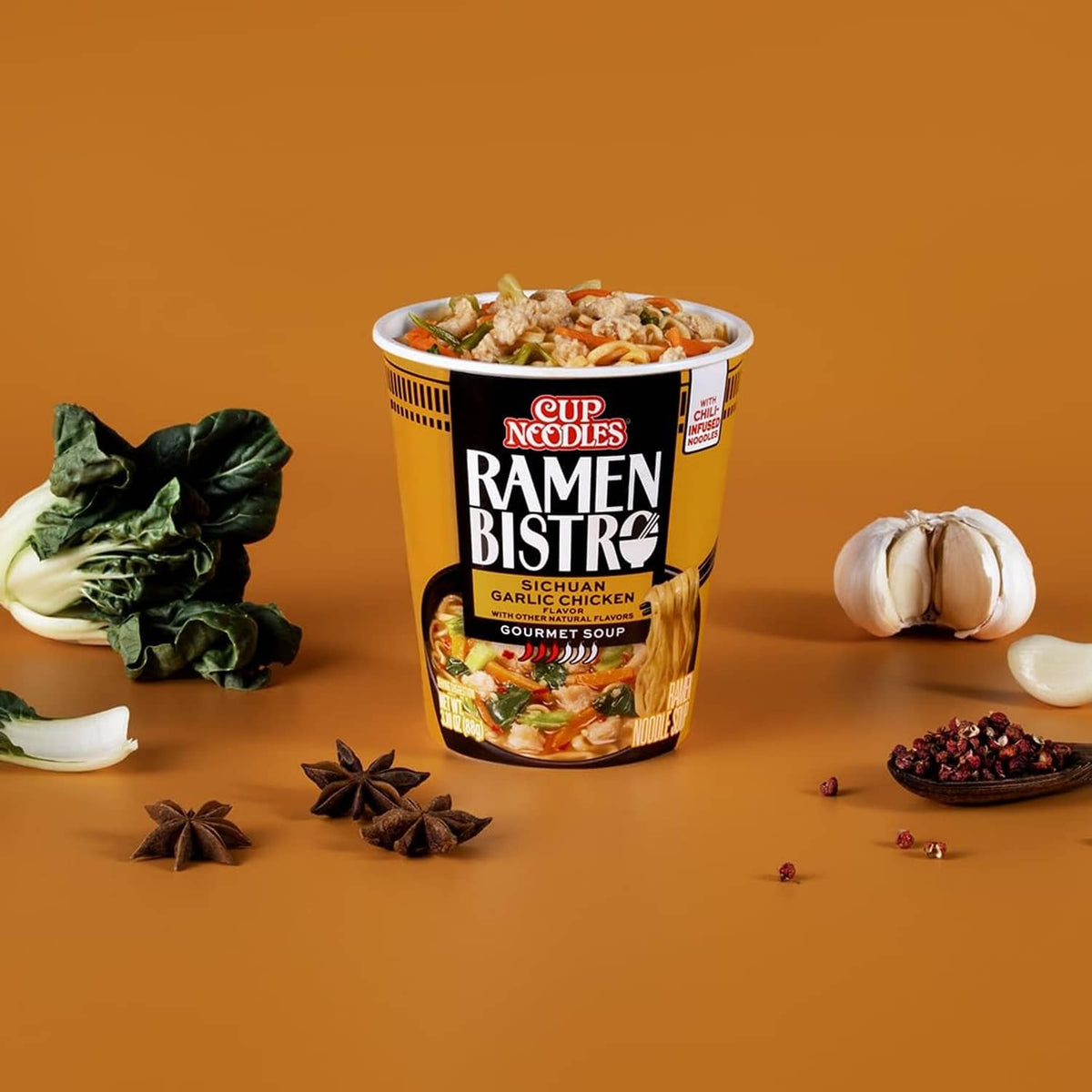 Pack of six instant ramen cups with Ramen Bistro labels in black and orange