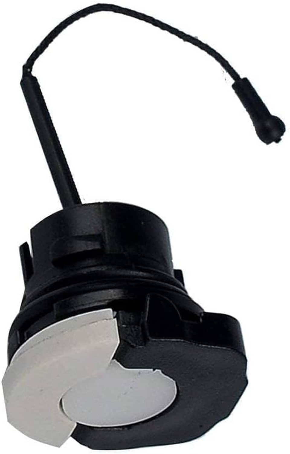 Chainsaw cap with white circular button on black housing and attached pull cord