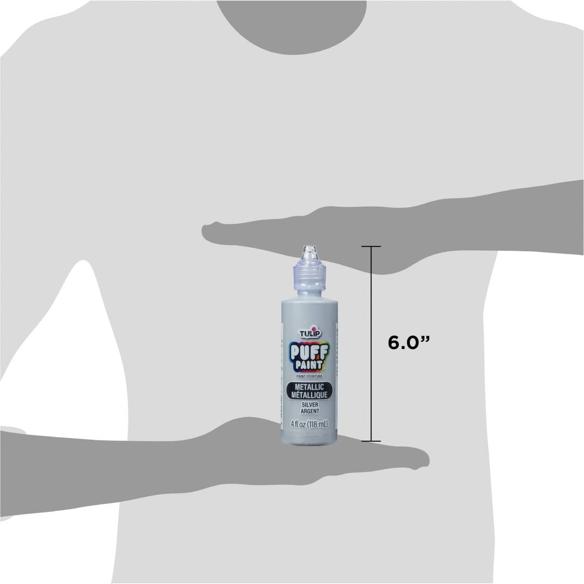 Tulip Puff Paint metallic silver squeeze bottle with 6.0 inch size guide.