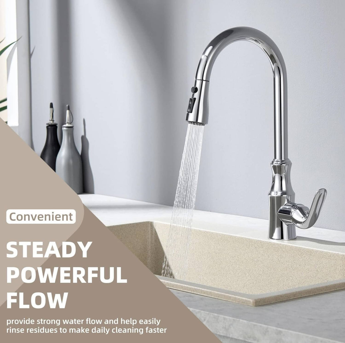 Chrome sink faucet sprayer head releasing a strong steady stream