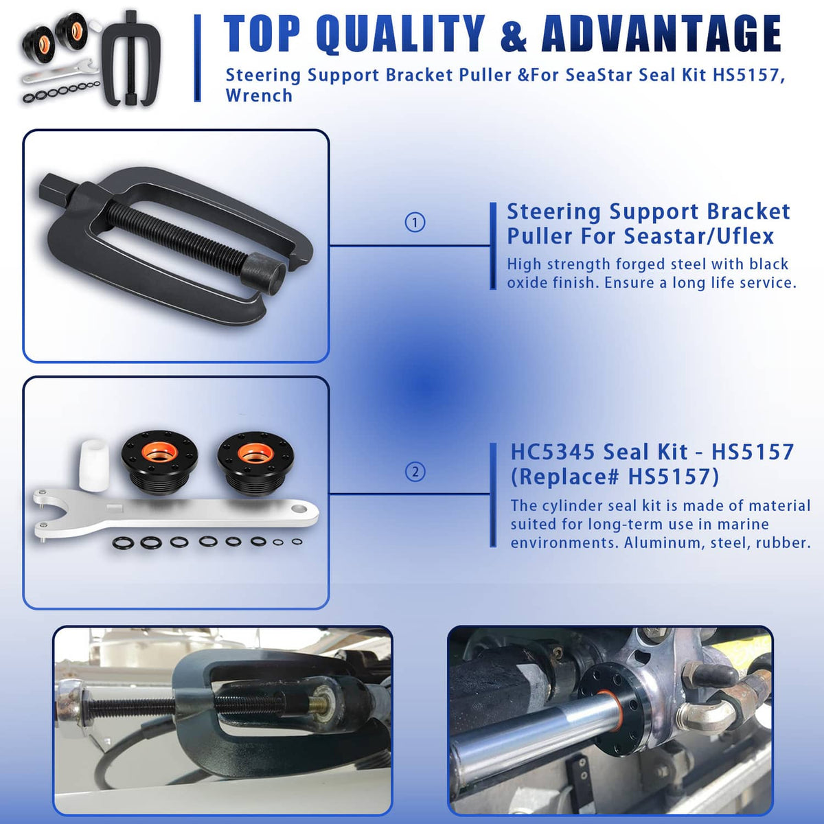 Hydraulic steering cylinder seal kit with puller tool, two seal glands, wrench and O-rings